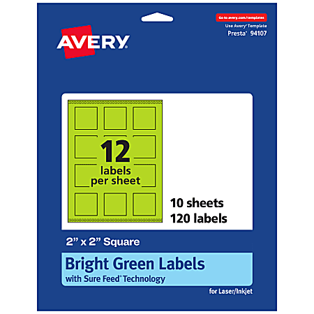 Avery® Print-To-The-Edge Labels With Sure Feed® Technology And Easy Peel® Label Feature, 94107-BGP10, Square, 2" x 2", Matte Bright Green, Pack of 120
