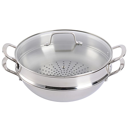 Martha Stewart Castelle Stainless Steel Everyday Pan With Steamer And Lid, 12”, Silver