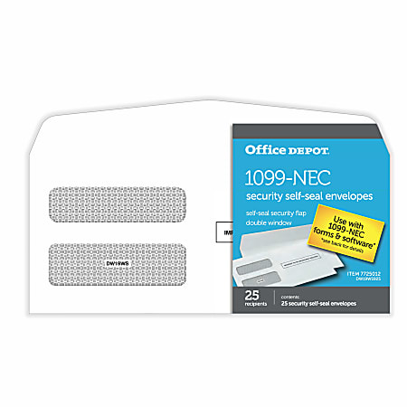 Office Depot® Brand Double-Window Self-Seal Envelopes For 1099-NEC 3-Up Tax Forms, 8-3/8"W x 3-7/8"H, Pack Of 25 Envelopes