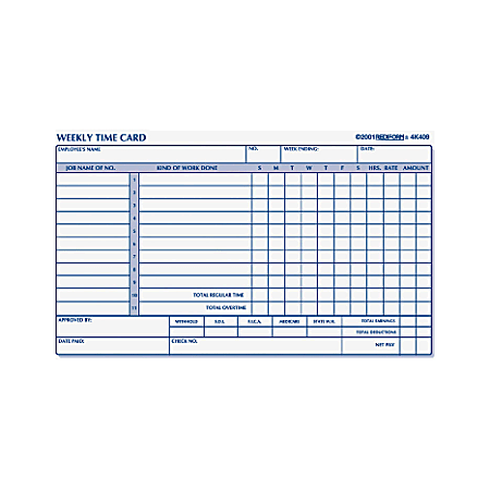 Rediform® Weekly Time Clock Card Pad, 4.25" x 7", Manila, Pad Of 100