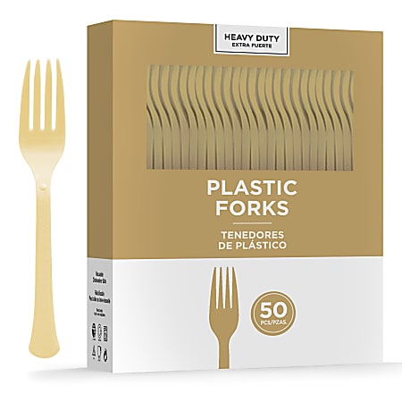 Amscan 8017 Solid Heavyweight Plastic Forks, Gold, 50