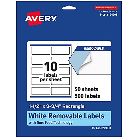 Avery® Removable Labels With Sure Feed®, 94205-RMP50, Rectangle, 1-1/2" x 3-3/4", White, Pack Of 500 Labels