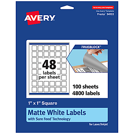 Avery&reg; Print-To-The-Edge TrueBlock&reg; Labels With Sure Feed&reg;, 94103-TWMP100, Square, 1" x 1", Matte White, Pack Of 4800