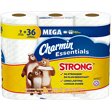 Charmin® Essentials® Strong 1-Ply Mega Roll Toilet Paper, 451 Sheets Per Roll, Pack Of 9 Rolls