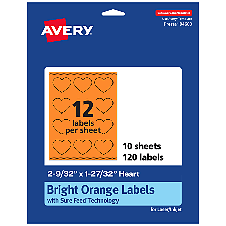 Avery® Print-To-The-Edge Labels With Sure Feed® Technology, 94603-BOP10, Heart, 2-9/32" x 1-27/32", Matte Bright Orange, Pack of 120