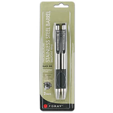 FORAY® Precision Point Retractable Ballpoint Pens, 0.7 mm, Fine Point, Steel Barrel, Black Ink, Pack Of 2