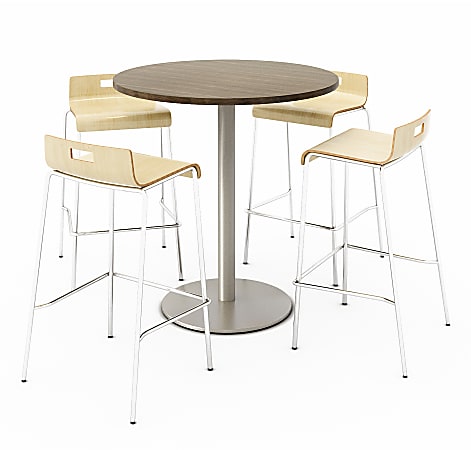 KFI Studios Round Bistro Pedestal Table With 4 Stacking Bar Stools, Studio Teak/White