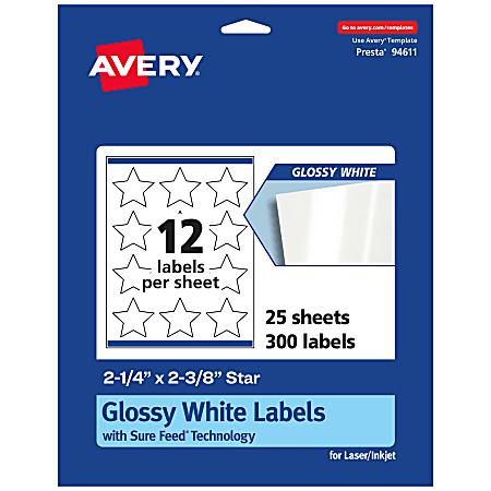 Avery® Glossy Permanent Labels With Sure Feed®, 94611-WGP25, Star, 2-1/4" x 2-3/8", White, Pack Of 300