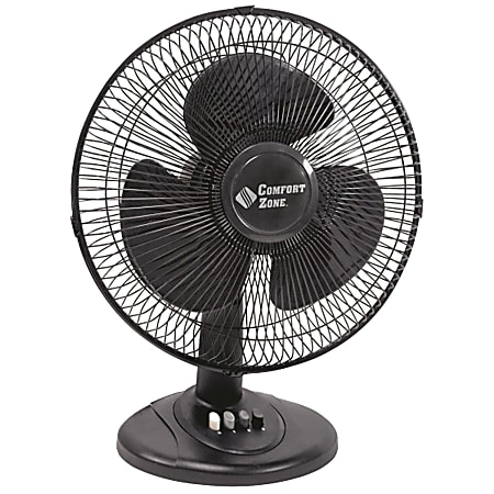 Comfort Zone 12" Oscillating Table Fan - 12" Diameter - 3 Speed - Oscillating, Adjustable Tilt Head, Quiet - Metal - Black