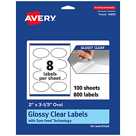 Avery® Glossy Permanent Labels With Sure Feed®, 94056-CGF100, Oval, 2" x 3-1/3", Clear, Pack Of 800