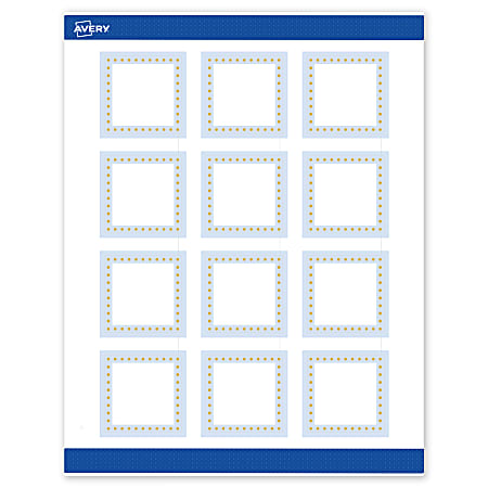 Avery® Print-To-The-Edge Labels & Sure Feed®, S00-DME-PRWMP10, 2" x 2", Matte White, Preprinted Blue Border & Gold Dots Design, Pack Of 120