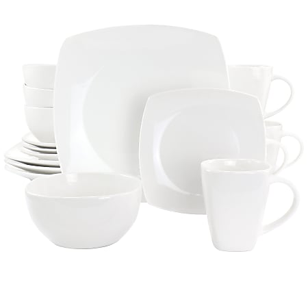 Gibson Elite Soho Lounge 16-Piece Square Fine Ceramic Dinnerware Set, White