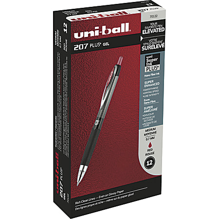 uni-ball 207 Plus+ Gel Pens, Medium Point, 0.7 mm, Red Ink, Metallic Barrels, Pack Of 12 Pens