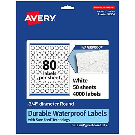 Avery® Waterproof Permanent Labels With Sure Feed®, 94504-WMF50, Round, 3/4" Diameter, White, Pack Of 4,000