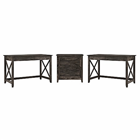 Bush Furniture Key West 2-Person Desk Set With Lateral File Cabinet, Dark Gray Hickory, Standard Delivery
