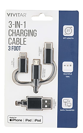 Vivitar 3-in-1 Charging Cable, 3', Black, NIL2001-BLK-STK-24