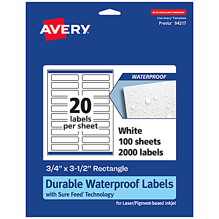 Avery® Waterproof Permanent Labels With Sure Feed®, 94217-WMF100, Rectangle, 3/4" x 3-1/2", White, Pack Of 2,000