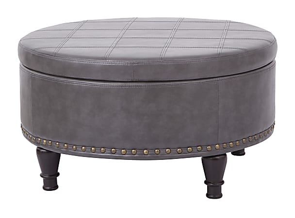 Office Star™ Augusta Bonded Leather Round Storage Ottoman, Pewter