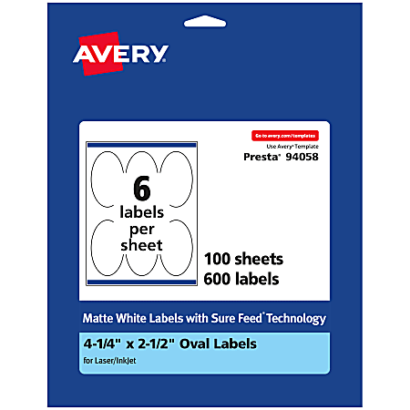 Avery® Permanent Labels With Sure Feed®, 94058-WMP100, Oval, 4-1/4" x 2-1/2", White, Pack Of 600