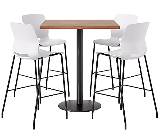 KFI Studios Proof Bistro Square Pedestal Table With Imme Bar Stools, Includes 4 Stools, 43-1/2”H x 36”W x 36”D, Cafelle Top/Black Base/White Chairs