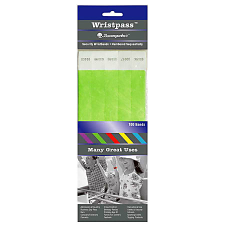 Baumgartens® Wristpass Dupont® Tyvek® Security Wrist Band, 10" x 13/16", Neon Green, Pack Of 100