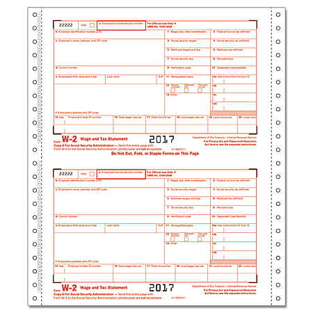 ComplyRight W-2 Continuous Tax Forms For 2017, Employee Copies A, B, C And 1/D, 4-Part, 9 1/2" x 11", Pack Of 100 Forms