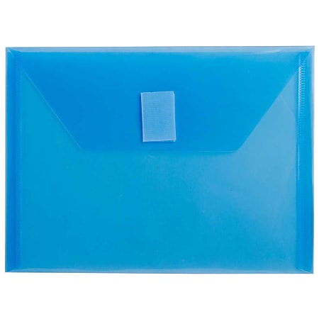 JAM Paper® Plastic Booklet Envelopes With Hook-And-Loop Fastener, 5 1/2" x 7 1/2", Gummed Seal, Blue, Pack Of 12