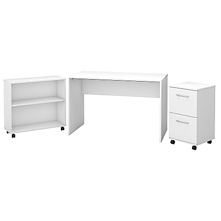 Bush Furniture Office Complete Small Desk with Mobile File Cabinet and Bookcase, Pure White, Standard Delivery