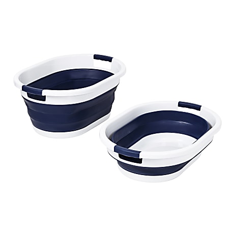 Honey-Can-Do Collapsible Laundry Baskets, 10-13/16"H x 17-3/4"W x 24"D, Navy Blue/White, Set Of 2 Baskets