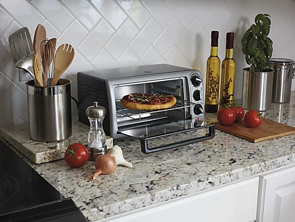 Proctor Silex 4 Slice Modern Toaster Oven Toast Pizza Bake Broil Black  Silver - Office Depot