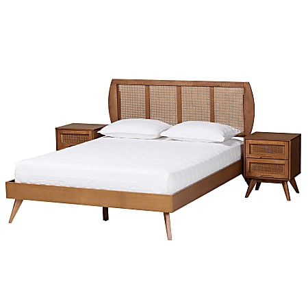 Baxton Studio Asami Mid-Century Modern Finished Wood/Woven Rattan 3-Piece Bedroom Set, Full Size, Walnut Brown