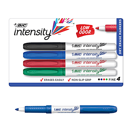BIC Intensity Low Odor Dry Erase Markers, Fine Bullet Tip, Assorted Colors, Pack of 4