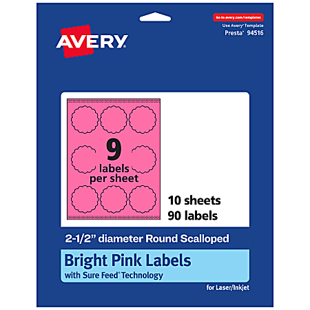 Avery® Print-To-The-Edge Labels With Sure Feed® Technology, 94516-BPP10, Round Scalloped, 2-1/2", Matte Bright Pink, Pack of 90
