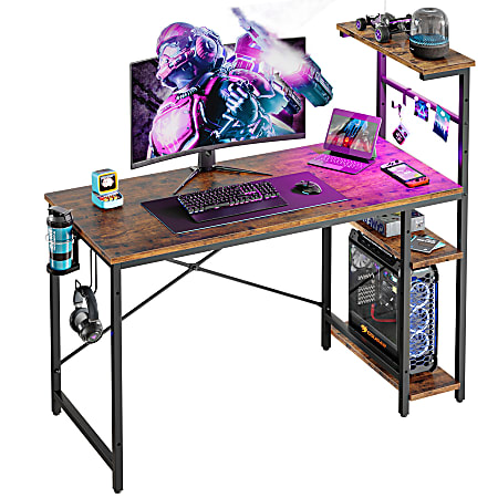 Bestier Gaming Computer Desk With RGB LED Lights And 4-Tier Storage Shelves, 45"W, Rustic Brown