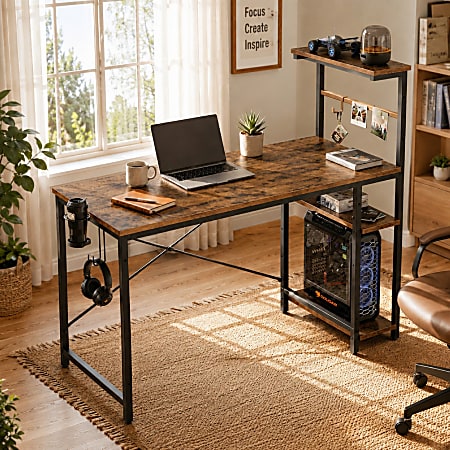 Bestier 45 in. Rustic Brown Gaming Computer Desk with RGB Lights and 4-Tier Storage Shelves