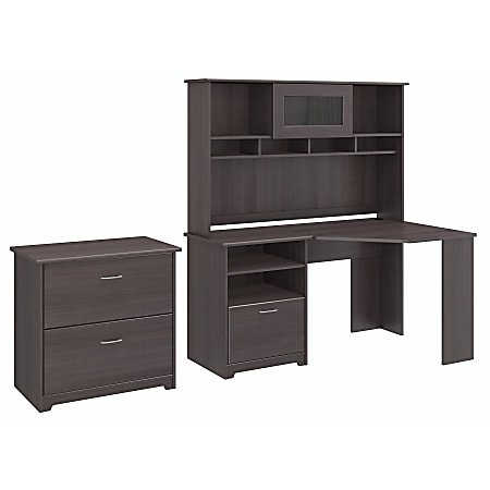 Bush Furniture Cabot 60"W Corner Desk With Hutch And Lateral File Cabinet, Heather Gray, Standard Delivery