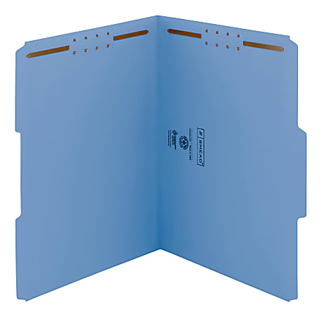 Smead® Color Reinforced Tab Fastener Folders, Letter Size, 1/3 Cut, 100% Recycled, Blue, Pack Of 50