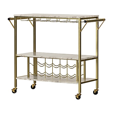 South Shore Maliza Bar Cart With Wine Bottle Storage And Wine Glass Rack, 32-3/4” x 37-1/2”, Faux Carrara Marble/Gold