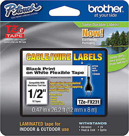 Brother P-touch TZeFX231, Flexible ID Laminated, ~1/2" x 26.2 ft (12mm x 8m), Black on White Label Tape