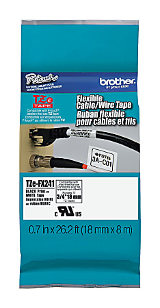 Brother® TZ Flexible Label Tape, TZE-FX241, 0.71" x 26.2', Black Print/White Label