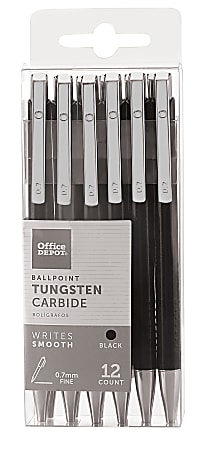 Office Depot® Brand Tungsten Carbide Retractable Ballpoint Pens, Fine Point, 0.7 mm, Black Barrel, Black Ink, Pack Of 12 Pens