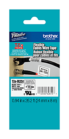 Brother® TZ Flexible Label Tape, TZE-FX251, 0.94" x 26.2', Black Print/White Label