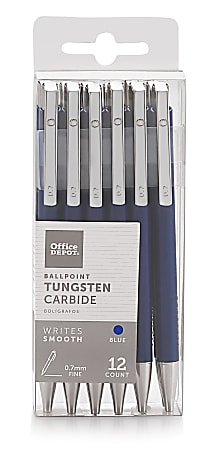 Office Depot® Brand Tungsten Carbide Retractable Ballpoint Pens, Fine Point, 0.7 mm, Blue Barrel, Blue Ink, Pack Of 12 Pens