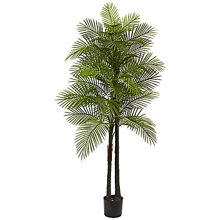 Nearly Natural Double Robellini Palm 84”H UV Resistant Indoor/Outdoor Tree With Pot, 84”H x 48”W x 48”D, Green