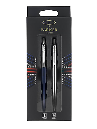Parker® Jotter London Duo Pen Set, Medium Point, Blue/Stainless Steel Barrel, Blue/Black Ink, Set of 2 Pens