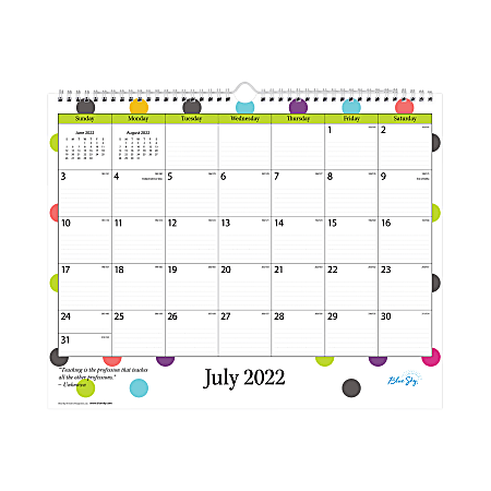 Blue Sky™ Academic Monthly Safety Wirebound Wall Calendar, 15” x 12”, Teacher Dots, July 2022 to June 2023, 100340-A
