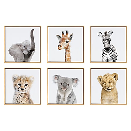 Uniek Kate And Laurel Sylvie Framed Canvas Wall Art Prints, 13" x 13", Safari Animal Collection, Natural, Set Of 6