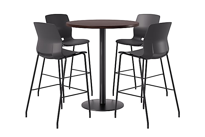 KFI Studios Proof Bistro Round Pedestal Table With Imme Barstools, 4 Barstools, 42", Cafelle/Black/Black Stools