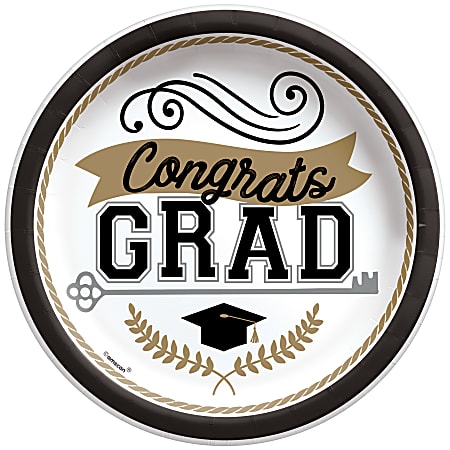 Amscan Graduation Achievement is Key Round Paper Plates, 8-1/2", Multicolor, 50 Plates Per Pack, Set Of 2 Packs