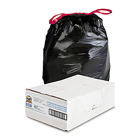 Genuine Joe Flex Drawstring Trash Liners, 1.05 mil, 30 Gallon, Black, Box Of 42